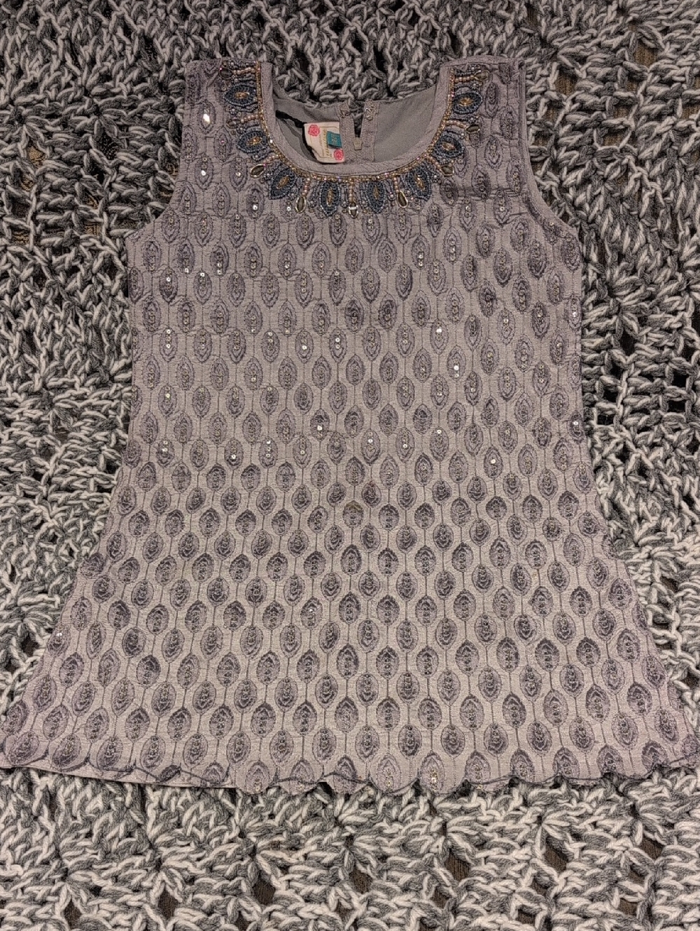 415- Repeat design - Beaded &  Detailed  Sleeveless Lavender Gray Top